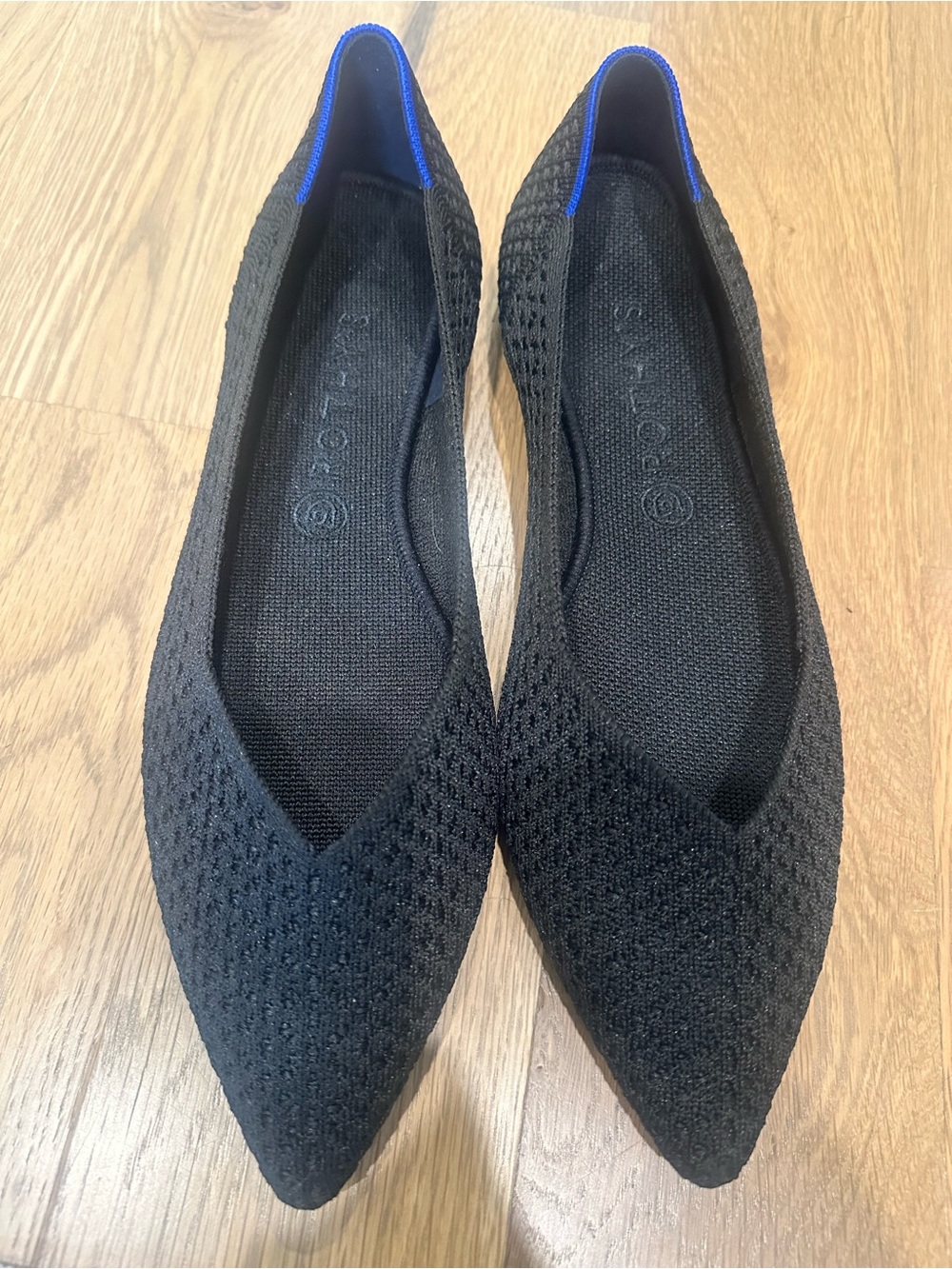 Rothy's Black Knit Pointed Ballet Flats with Blue Trim